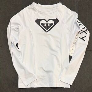 NWT Roxy Kids White Long Sleeve Rash Guard with Black Logo Size 8